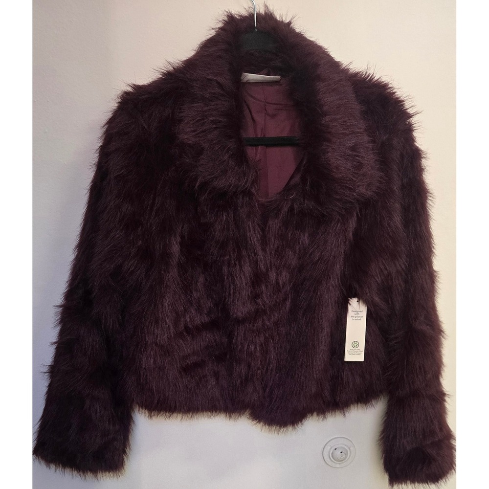 No Boundaries Womens Faux Fur Coat Dark Cherry Burgundy Cropped Jacket Large